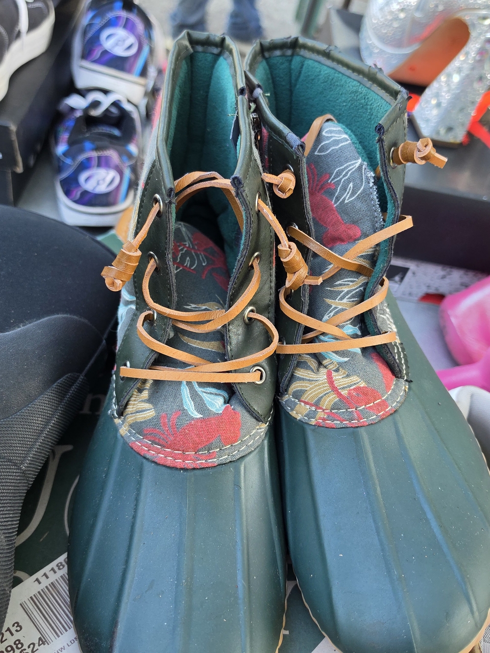 Waterproof Duck Boots in Dark Green with Floral Accent